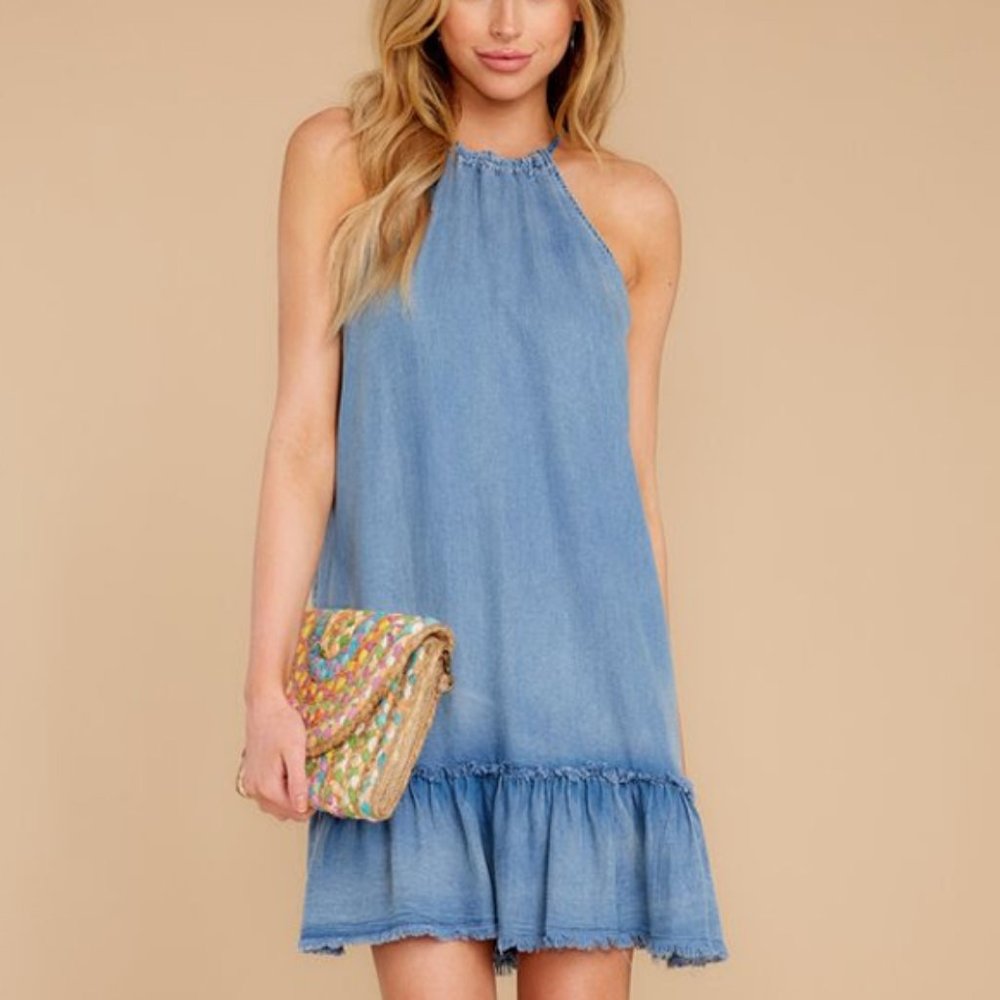 RED DRESS MUSTARD SEED LAKESIDE DATE CHAMBRAY DRESS BLUE SZ S